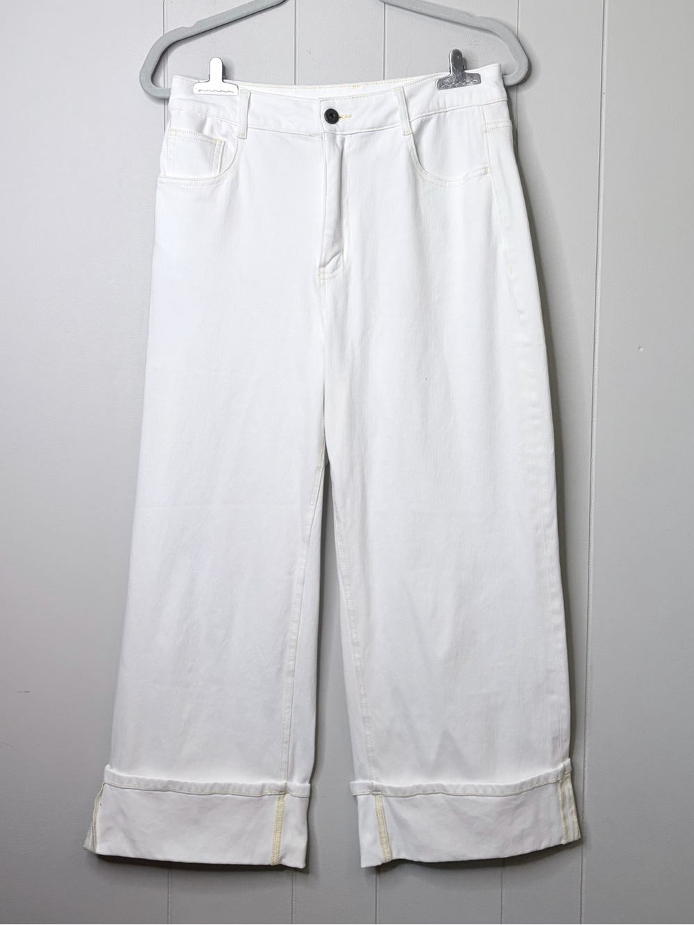 HALARA High Rise Wide Leg Cuffed Jeans Denim Pants White Cream Medium Petite
